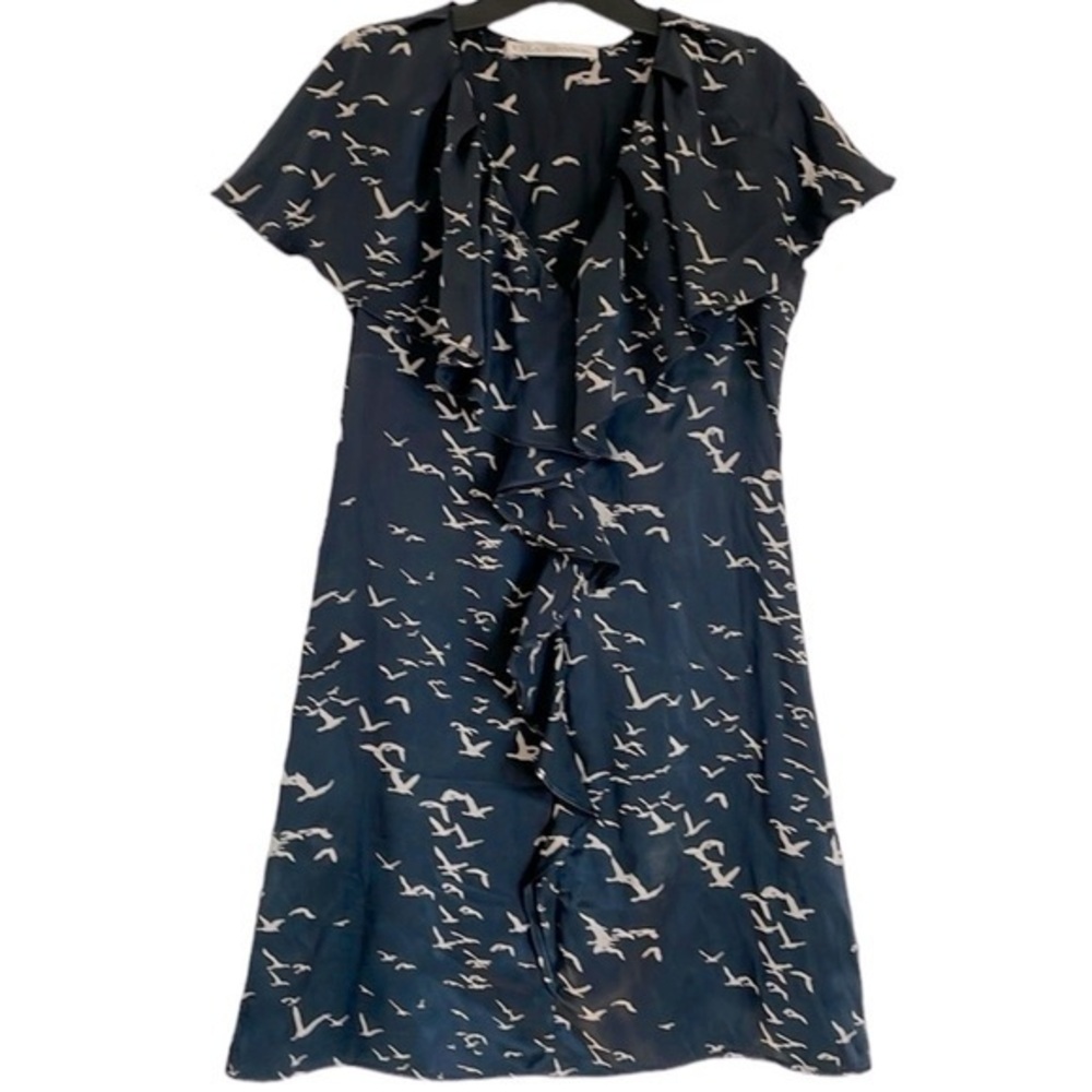 Ulla Johnson 100% Silk Bird Print Navy Feminine Dress, size 6